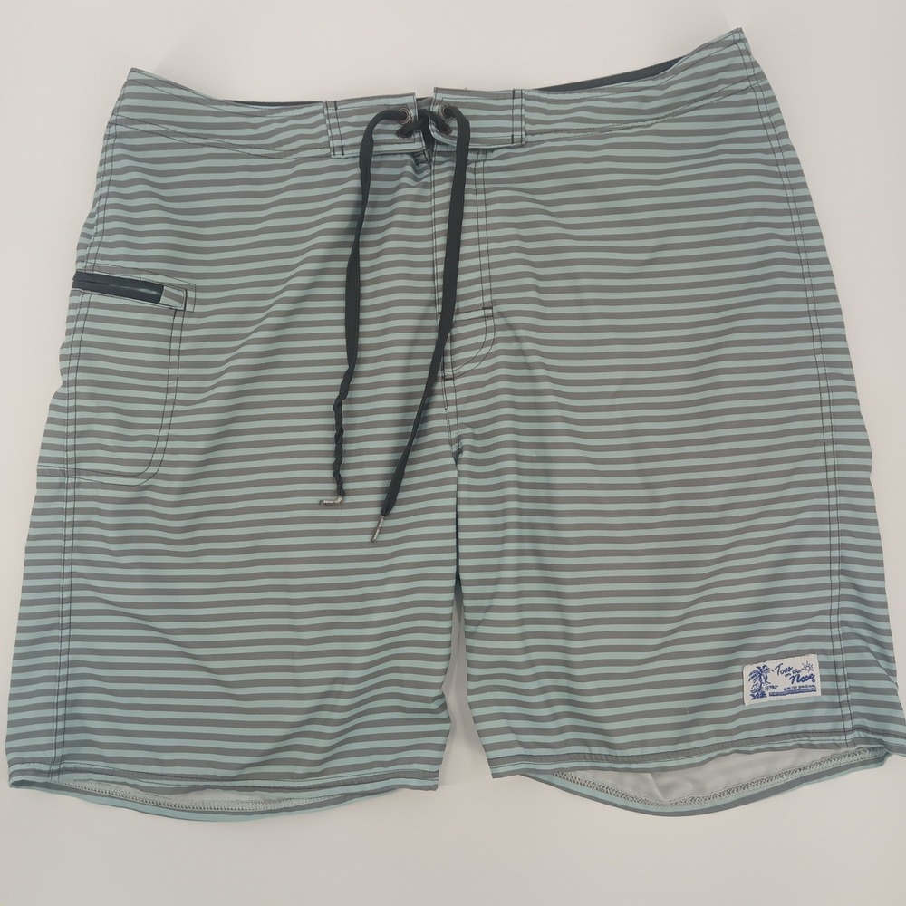 Toes on the Nose Mens Striped Board Shorts Grey Blue Size 36 Swim Trunks Pocket‎